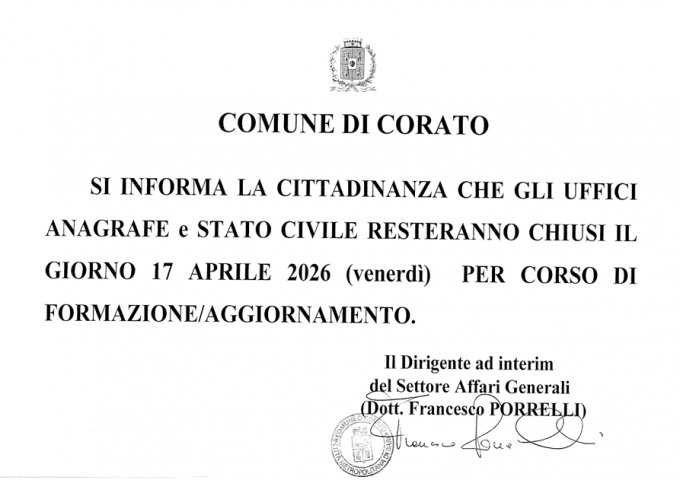 Avviso chiusura uffici Anagrafe e Stato Civile