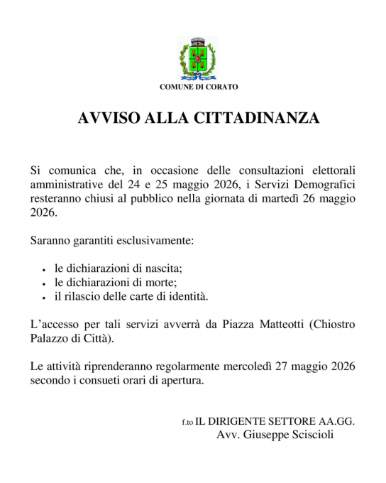 Avviso chiusura servizi demografici